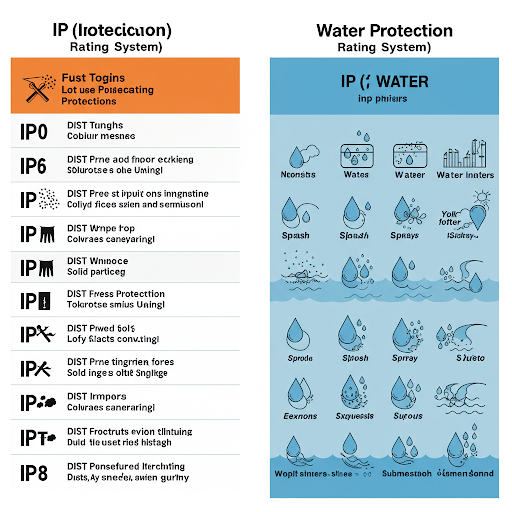What do you know about the common types of outdoor luminaires 2 Diagram of IP protection rating system showing levels of dust and water resistance from IP00 to IP68