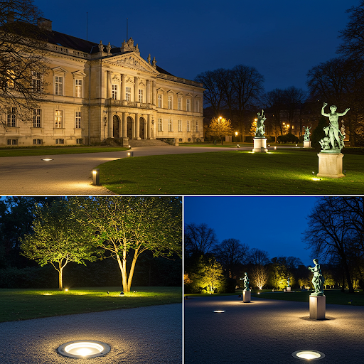 What do you know about the common types of outdoor luminaires 6 Buried lights installed flush with the ground, used for lighting sculptures, building facades, and trees in landscape settings