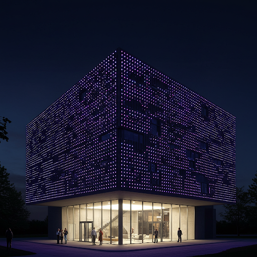 What do you know about the common types of outdoor luminaires 7 Point light sources surface-mounted on a building, glowing as bright dots at night for color-changing or video lighting effects.